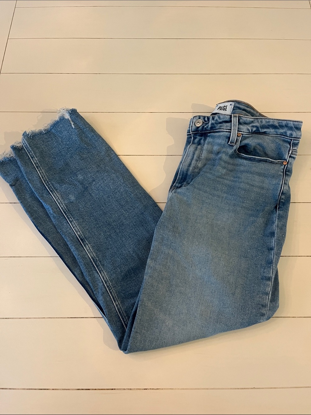 PAIGE Light-Mid Blue Cropped Straight Jeans